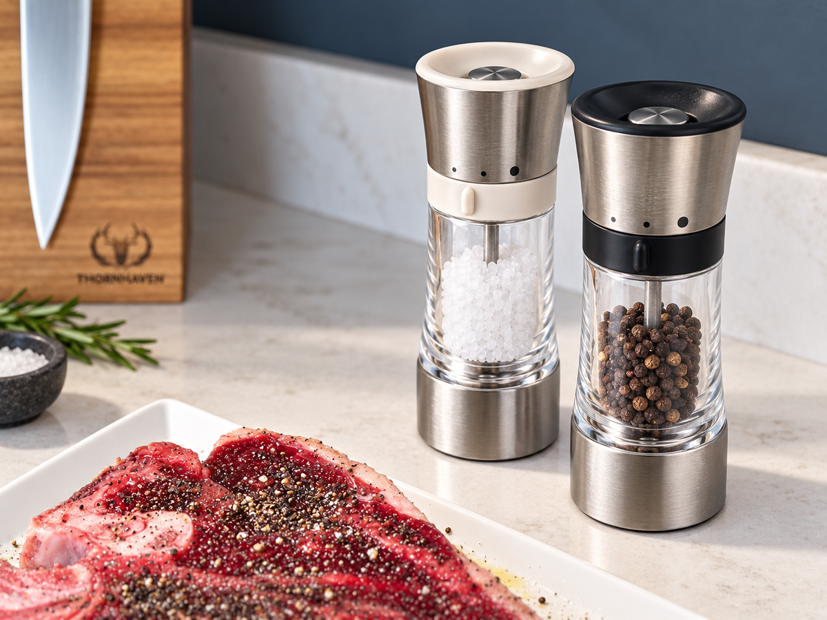 SteakStones Adjustable Salt & Pepper Mills - 3 & 5 Grind Settings